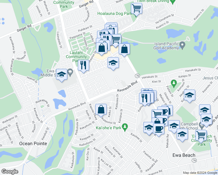map of restaurants, bars, coffee shops, grocery stores, and more near 91-1091 Keoneula Boulevard in Ewa Beach