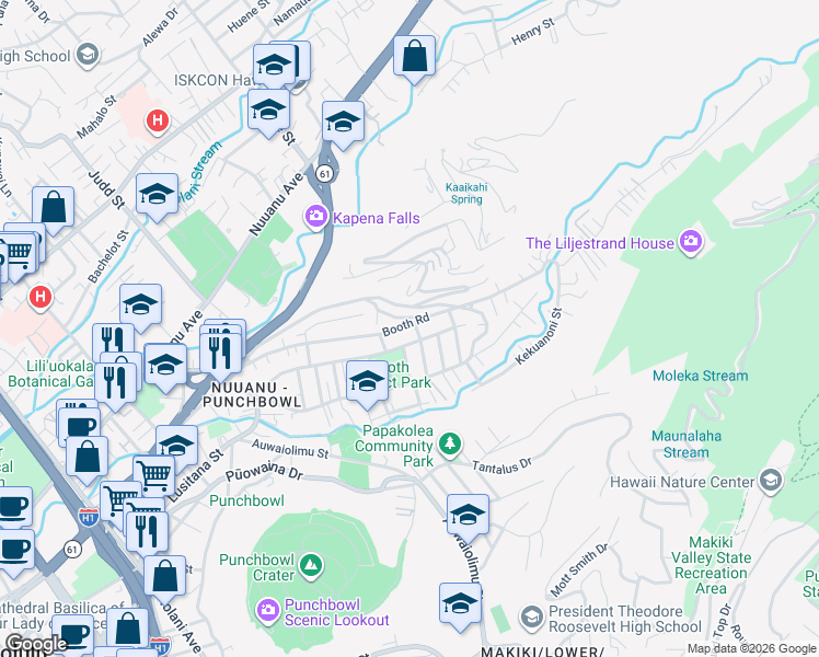 map of restaurants, bars, coffee shops, grocery stores, and more near 2413 Kanealii Avenue in Honolulu