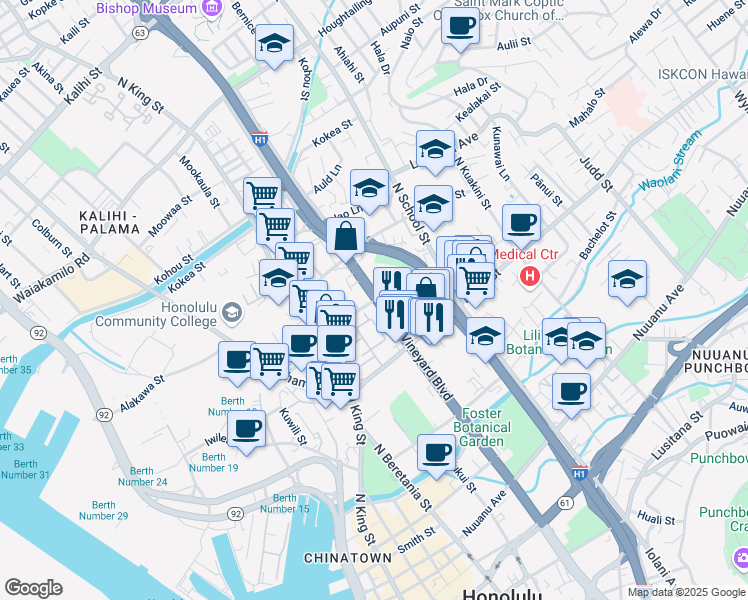map of restaurants, bars, coffee shops, grocery stores, and more near North Vineyard Boulevard & Pua Lane in Honolulu