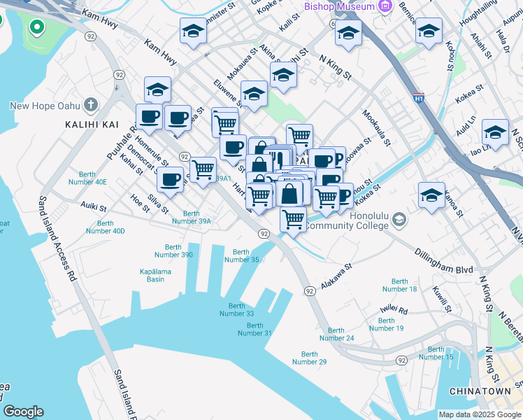 map of restaurants, bars, coffee shops, grocery stores, and more near 420 Waiakamilo Road in Honolulu