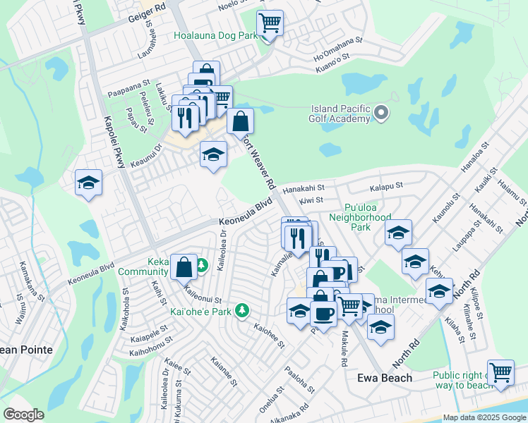 map of restaurants, bars, coffee shops, grocery stores, and more near 91-1008 Kaiopua Street in Ewa Beach
