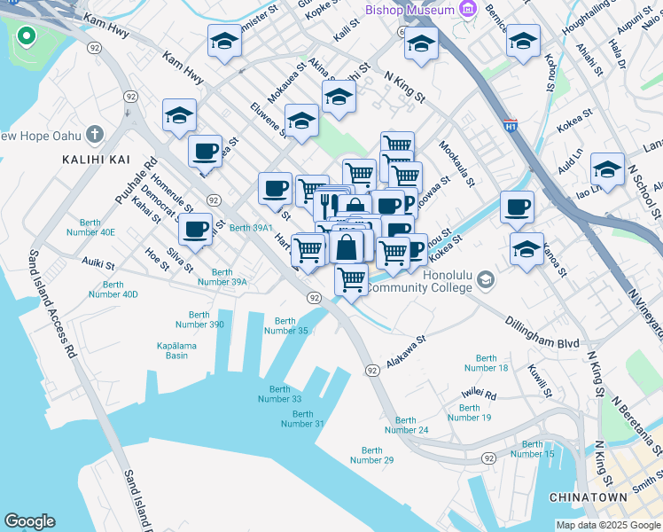 map of restaurants, bars, coffee shops, grocery stores, and more near 1385 Colburn Street in Honolulu