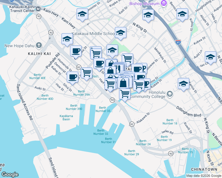 map of restaurants, bars, coffee shops, grocery stores, and more near 401 Waiakamilo Road in Honolulu