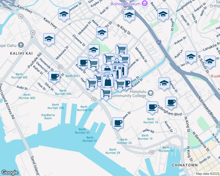 map of restaurants, bars, coffee shops, grocery stores, and more near 1199 Dillingham Boulevard in Honolulu
