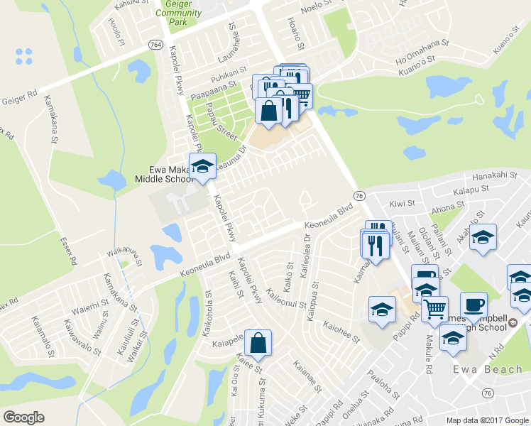 map of restaurants, bars, coffee shops, grocery stores, and more near 91-2012 Kai 'Oli Street in Ewa Beach