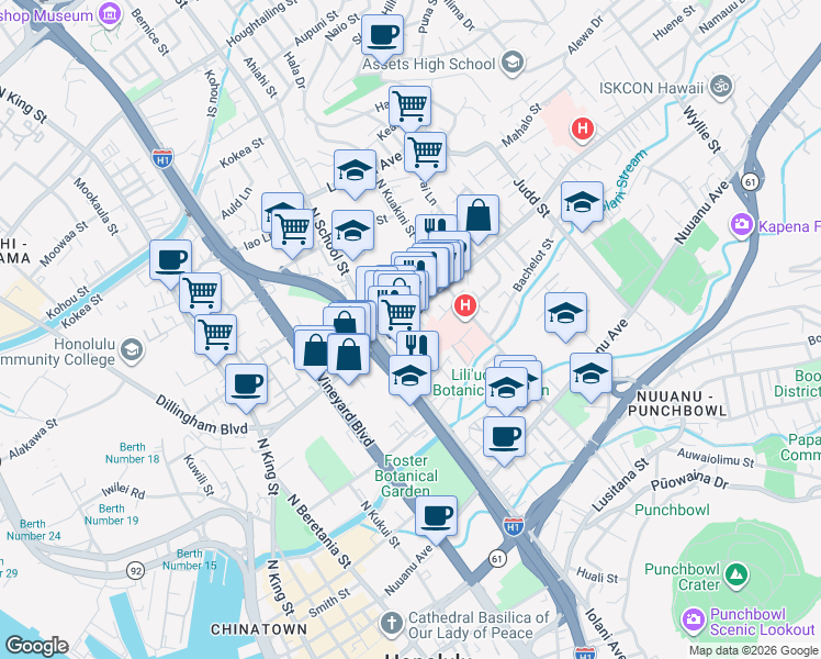 map of restaurants, bars, coffee shops, grocery stores, and more near 1655 Liliha Street in Honolulu