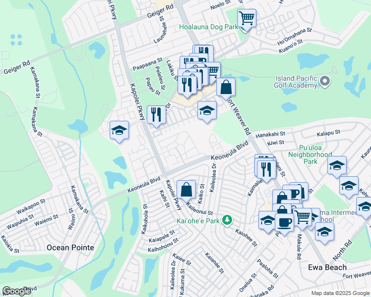 map of restaurants, bars, coffee shops, grocery stores, and more near 91-2002 Kai 'Oli Street in Ewa Beach