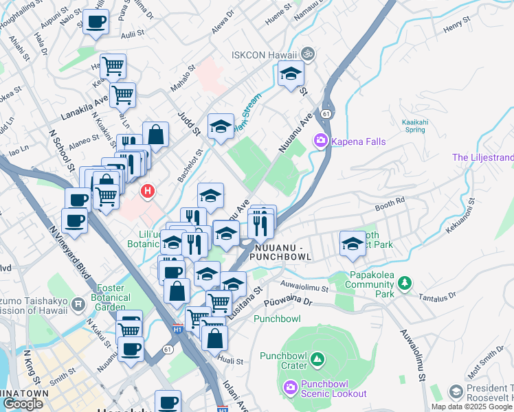 map of restaurants, bars, coffee shops, grocery stores, and more near 2101 Nuuanu Avenue in Honolulu