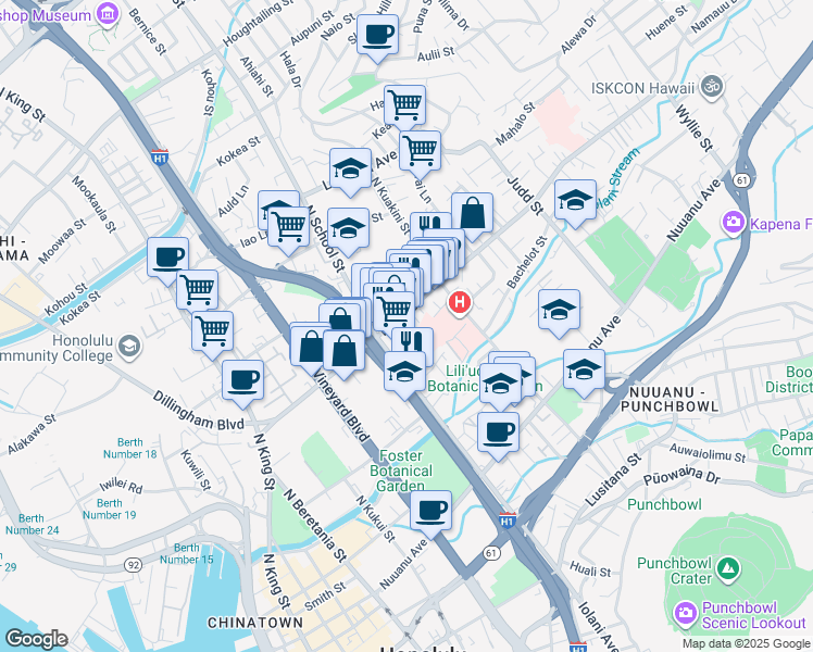 map of restaurants, bars, coffee shops, grocery stores, and more near 1655 Liliha Street in Honolulu
