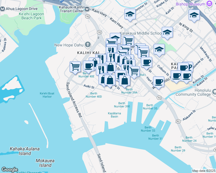 map of restaurants, bars, coffee shops, grocery stores, and more near 1744 Hoe Street in Honolulu
