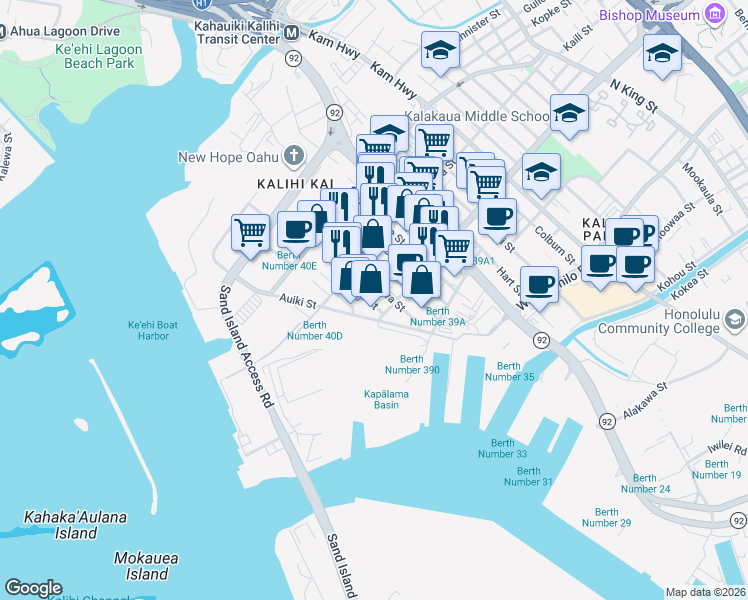 map of restaurants, bars, coffee shops, grocery stores, and more near 1744 Hoe Street in Honolulu