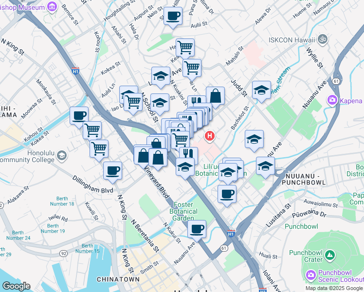 map of restaurants, bars, coffee shops, grocery stores, and more near 1655 Liliha Street in Honolulu