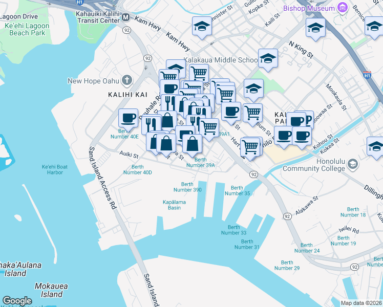 map of restaurants, bars, coffee shops, grocery stores, and more near 1636 Kahai Street in Honolulu