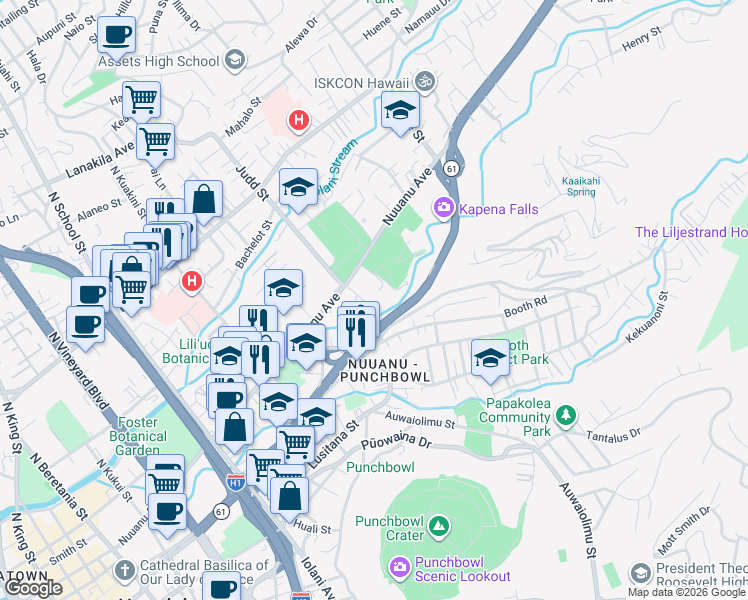 map of restaurants, bars, coffee shops, grocery stores, and more near 2101 Nuuanu Avenue in Honolulu