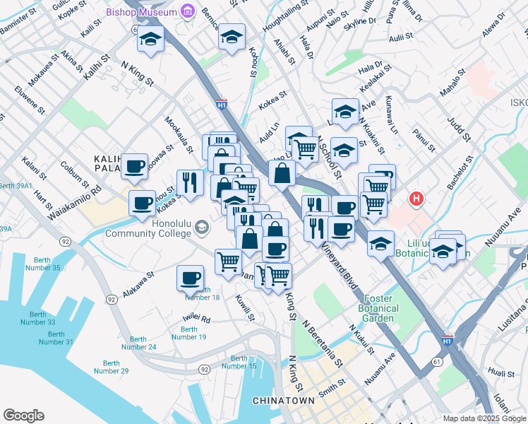 map of restaurants, bars, coffee shops, grocery stores, and more near 1120 Palama Street in Honolulu