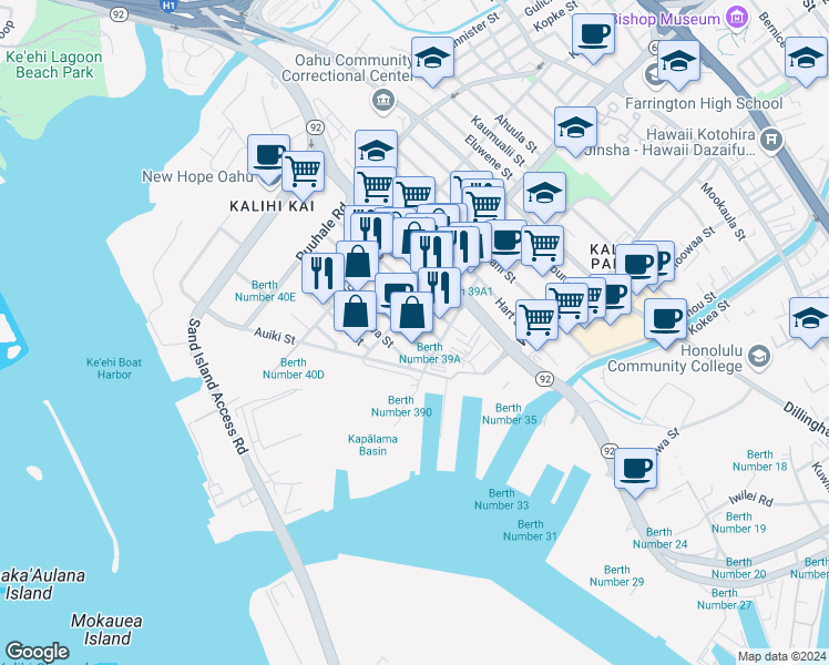 map of restaurants, bars, coffee shops, grocery stores, and more near 1622 Democrat Street in Honolulu