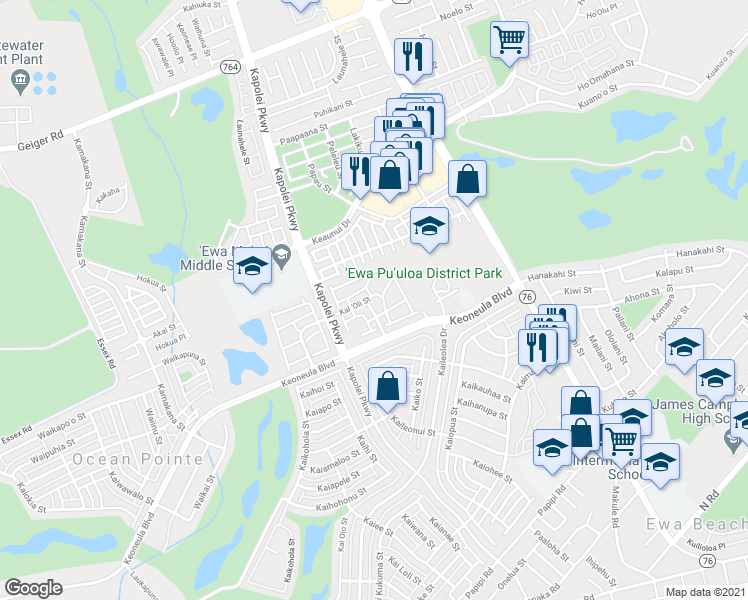 map of restaurants, bars, coffee shops, grocery stores, and more near 91-2033 Kai 'Oli Street in Ewa Beach