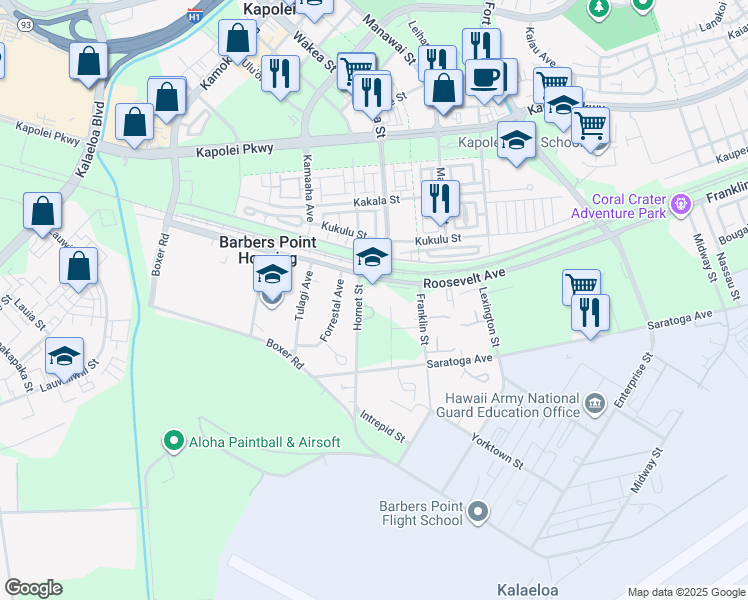 map of restaurants, bars, coffee shops, grocery stores, and more near 91-1245 Franklin D Roosevelt Avenue in Kapolei