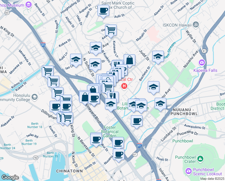 map of restaurants, bars, coffee shops, grocery stores, and more near 1643 Liliha Street in Honolulu