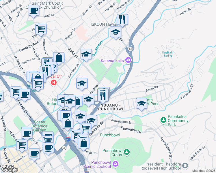 map of restaurants, bars, coffee shops, grocery stores, and more near 2101 Nuuanu Avenue in Honolulu