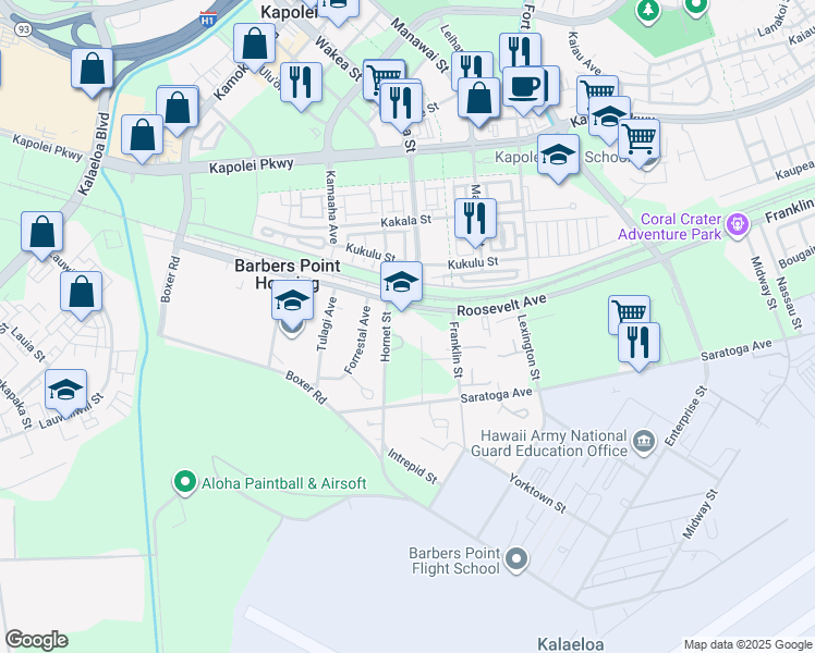 map of restaurants, bars, coffee shops, grocery stores, and more near 91-1245 Franklin D Roosevelt Avenue in Kapolei