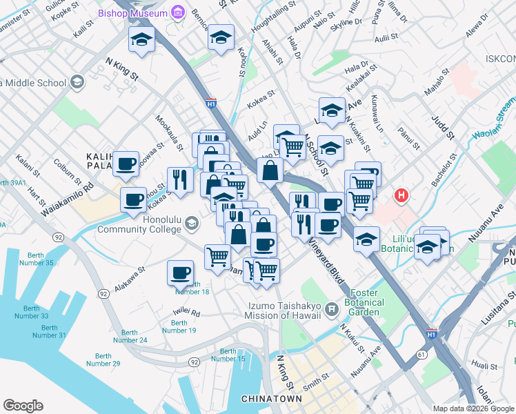 map of restaurants, bars, coffee shops, grocery stores, and more near 1122 Banyan Street in Honolulu