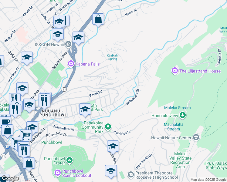 map of restaurants, bars, coffee shops, grocery stores, and more near 2615 Ahekolo Street in Honolulu