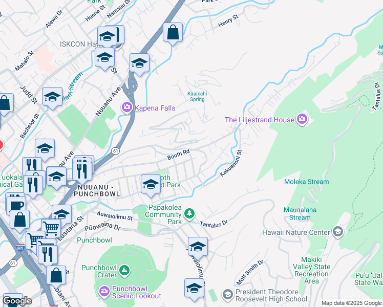 map of restaurants, bars, coffee shops, grocery stores, and more near 2615 Ahekolo Street in Honolulu