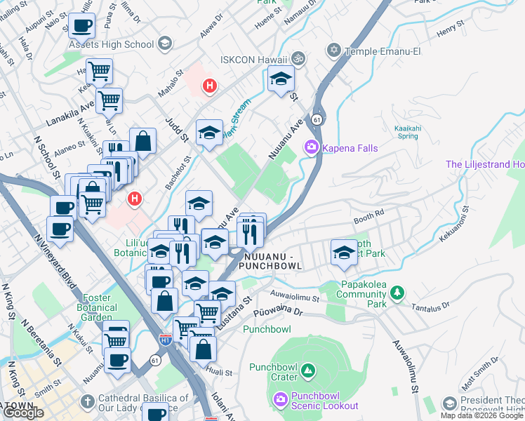 map of restaurants, bars, coffee shops, grocery stores, and more near 2101 Nuuanu Avenue in Honolulu