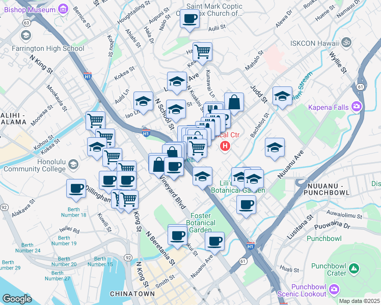 map of restaurants, bars, coffee shops, grocery stores, and more near 526 North School Street in Honolulu