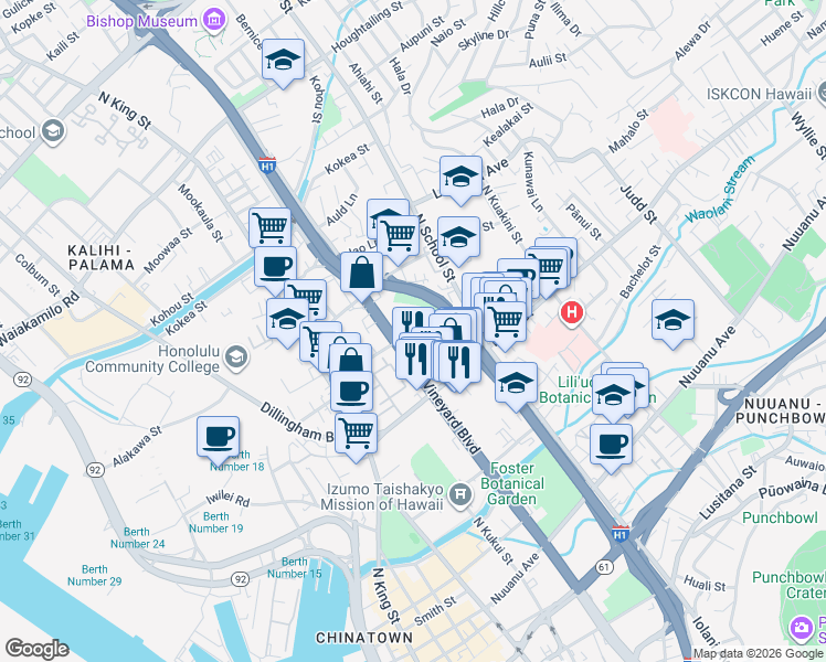 map of restaurants, bars, coffee shops, grocery stores, and more near 1422A Pua Lane in Honolulu