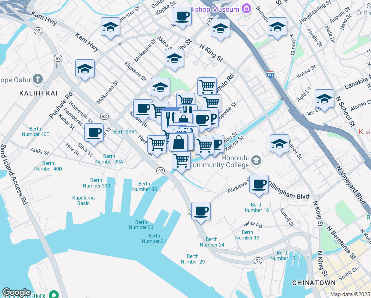 map of restaurants, bars, coffee shops, grocery stores, and more near 1385 Colburn Street in Honolulu