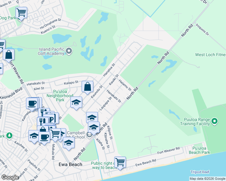 map of restaurants, bars, coffee shops, grocery stores, and more near 91-848 Keakaula Place in Ewa Beach
