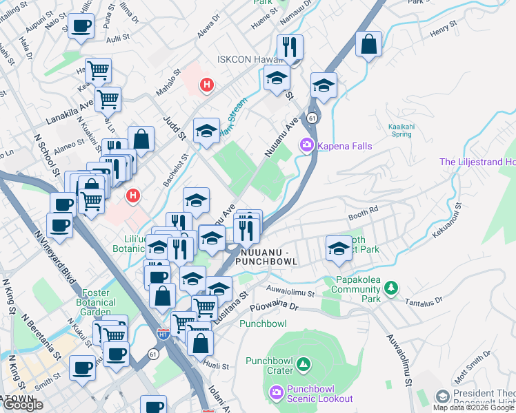 map of restaurants, bars, coffee shops, grocery stores, and more near 2101 Nuuanu Avenue in Honolulu