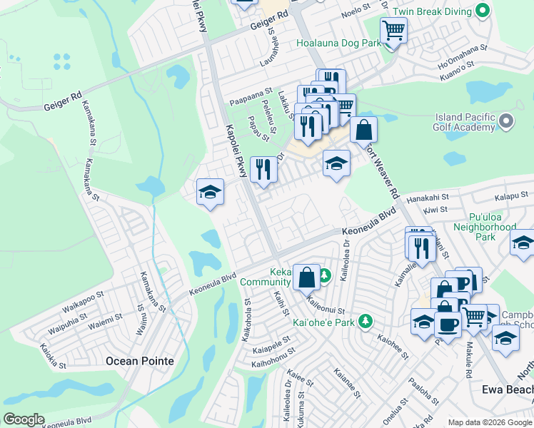 map of restaurants, bars, coffee shops, grocery stores, and more near 91-2053 Kai 'Oli Street in Ewa Beach