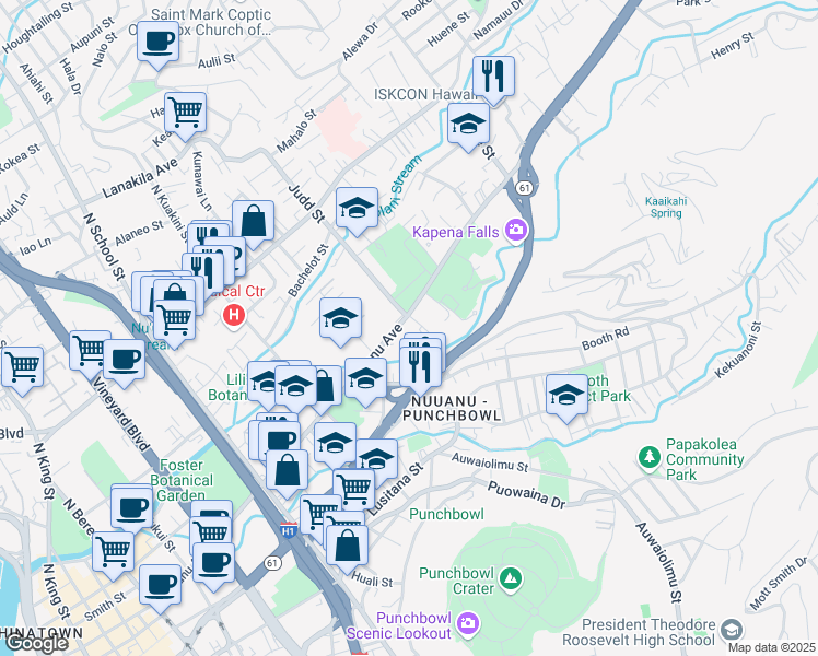 map of restaurants, bars, coffee shops, grocery stores, and more near 2055 Nuuanu Avenue in Honolulu