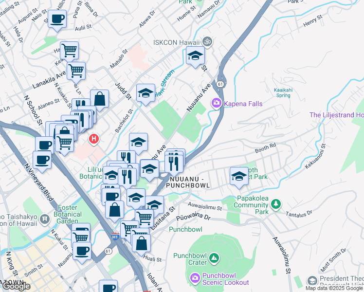 map of restaurants, bars, coffee shops, grocery stores, and more near 2101 Nuuanu Avenue in Honolulu