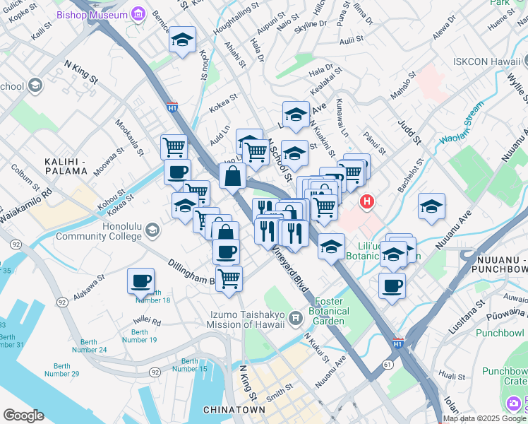 map of restaurants, bars, coffee shops, grocery stores, and more near 1422A Pua Lane in Honolulu
