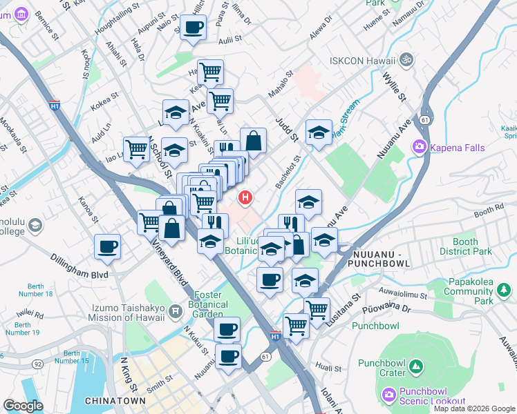 map of restaurants, bars, coffee shops, grocery stores, and more near 1900 Bachelot Street in Honolulu