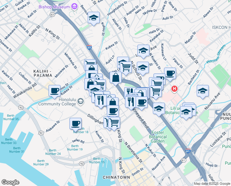 map of restaurants, bars, coffee shops, grocery stores, and more near 803 North Vineyard Boulevard in Honolulu