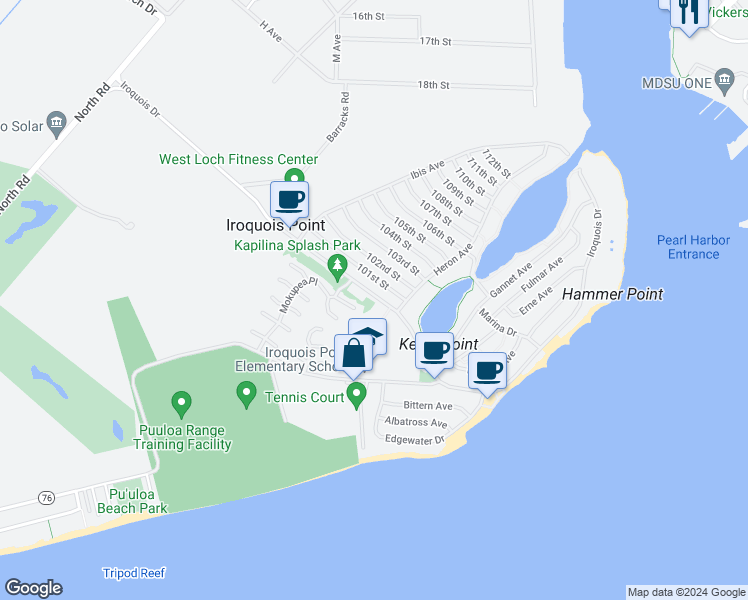 map of restaurants, bars, coffee shops, grocery stores, and more near 5065 Iroquois Avenue in Ewa Beach