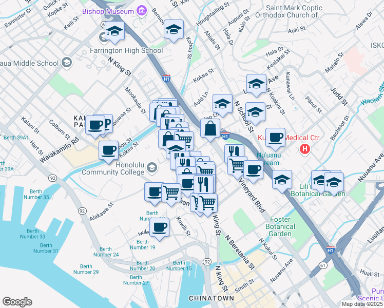 map of restaurants, bars, coffee shops, grocery stores, and more near 1120 Palama Street in Honolulu