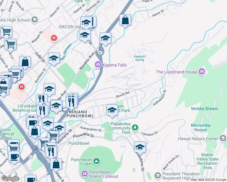 map of restaurants, bars, coffee shops, grocery stores, and more near 2329 Kaola Way in Honolulu