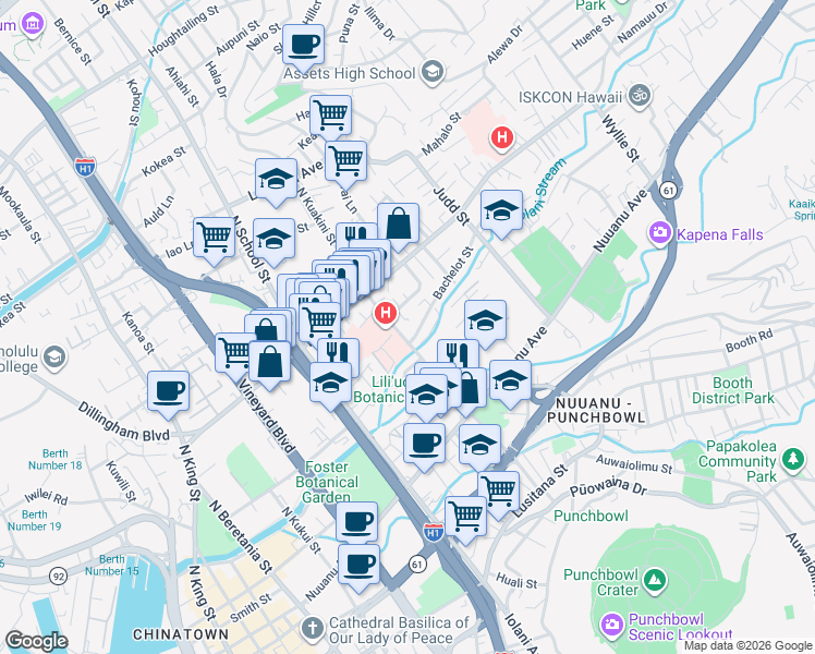 map of restaurants, bars, coffee shops, grocery stores, and more near 336 North Kuakini Street in Honolulu