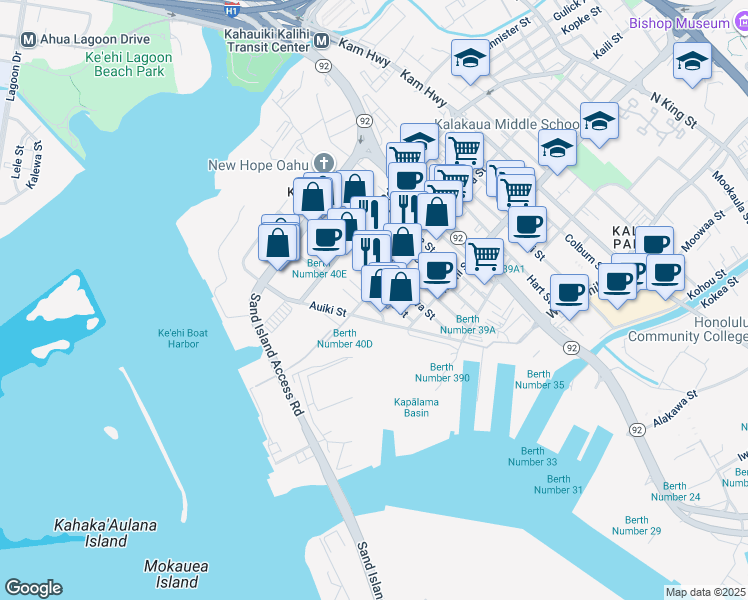 map of restaurants, bars, coffee shops, grocery stores, and more near 120 Mokauea Street in Honolulu