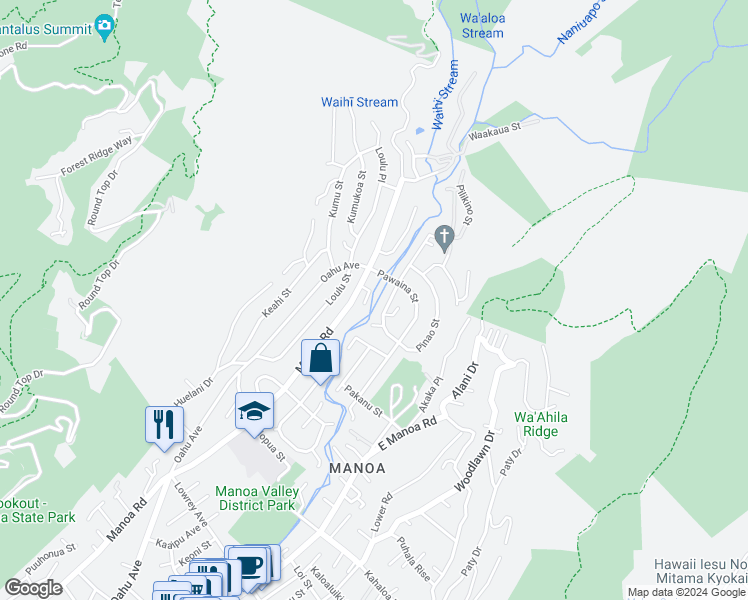 map of restaurants, bars, coffee shops, grocery stores, and more near 3433 Peneku Place in Honolulu