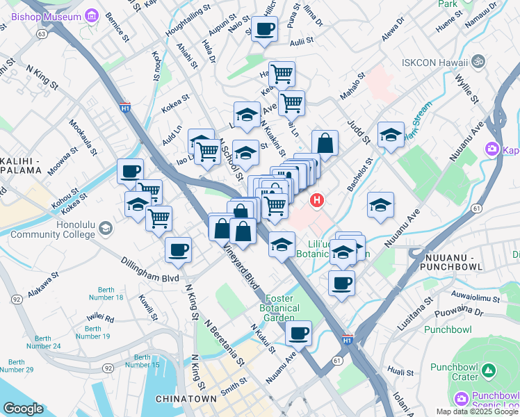 map of restaurants, bars, coffee shops, grocery stores, and more near 526 North School Street in Honolulu