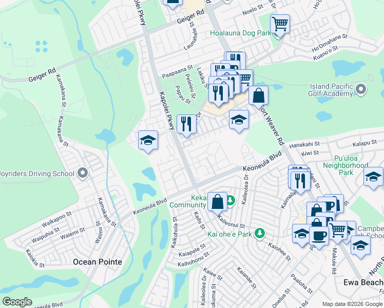 map of restaurants, bars, coffee shops, grocery stores, and more near 91-2053 Kai 'Oli Street in Ewa Beach