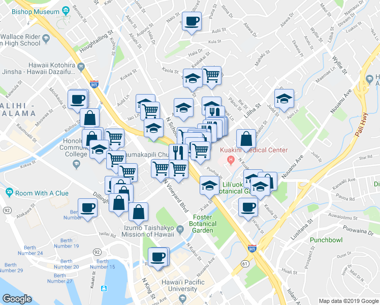 map of restaurants, bars, coffee shops, grocery stores, and more near 526 North School Street in Honolulu