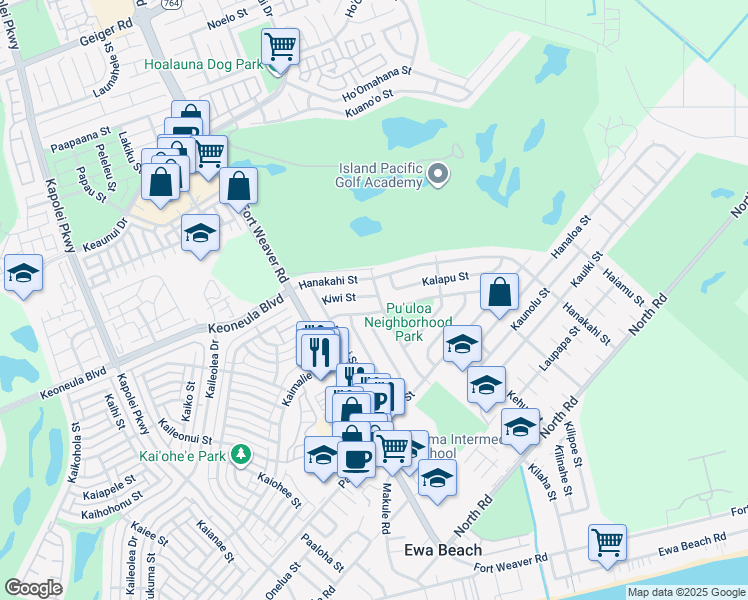 map of restaurants, bars, coffee shops, grocery stores, and more near 91-1008 Pailani Street in Ewa Beach